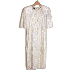 Vtg Carina White Beaded Pearl Lace Dress LARGE  Bridal Boho 90s
